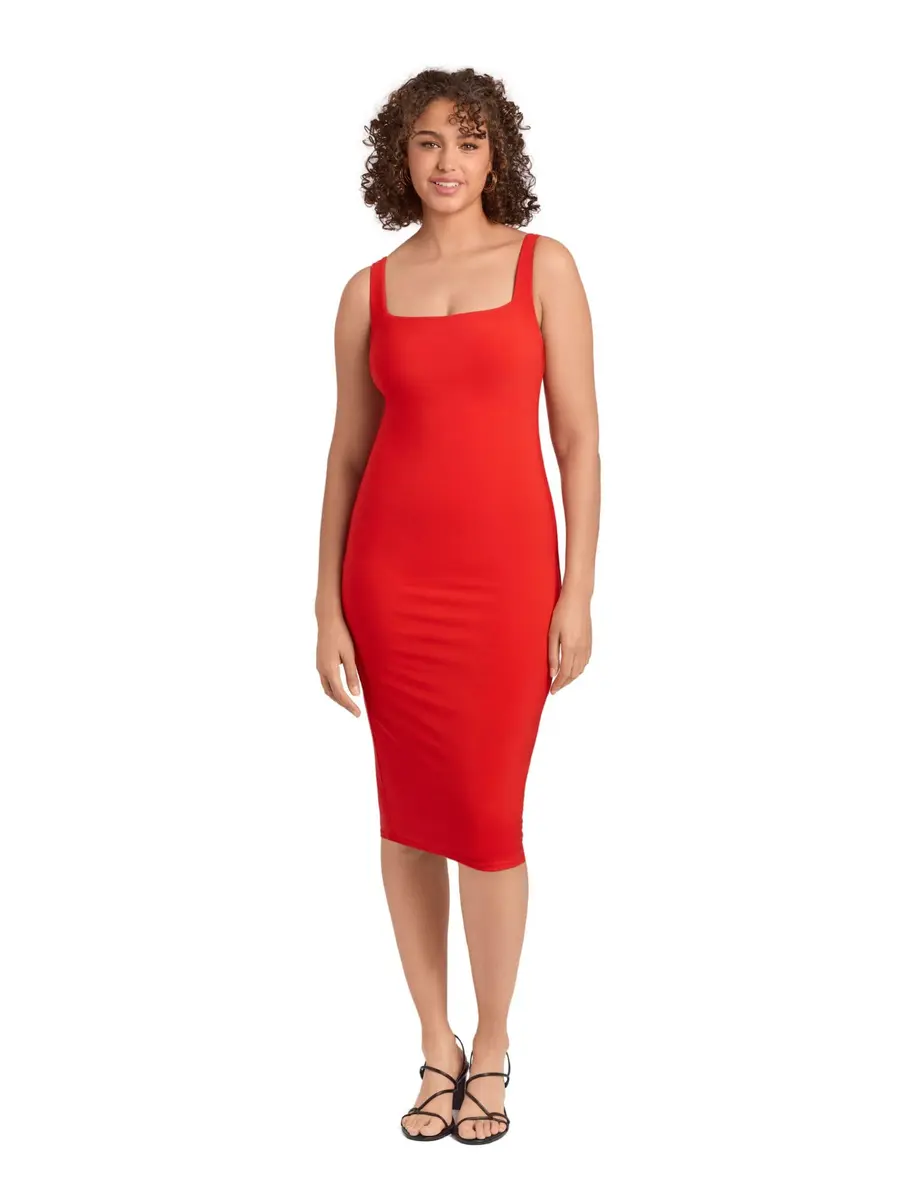 S3 Apparel Womens Square Neck Tank Midi Dress with Built-in Shapewear, Scarlet, Large | Curves Support & Comfort - main product image