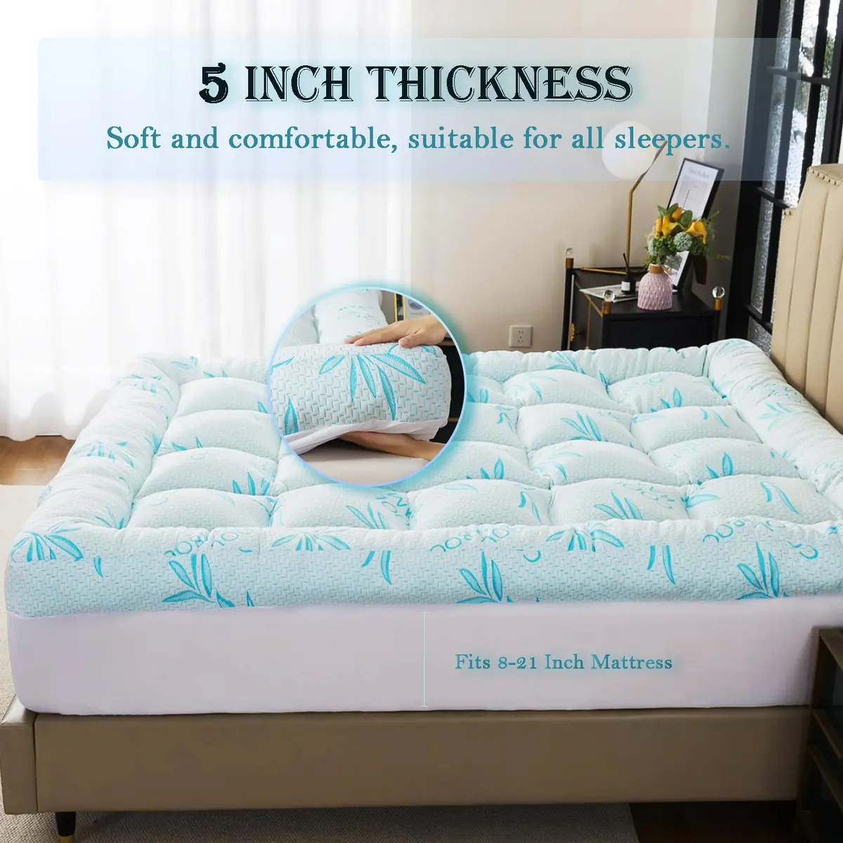 WhatsBedding 5 Inch Full Mattress Topper Breathable Bamboo Viscose Air Layer | Cool & Soft for Indian Sleep - view 4