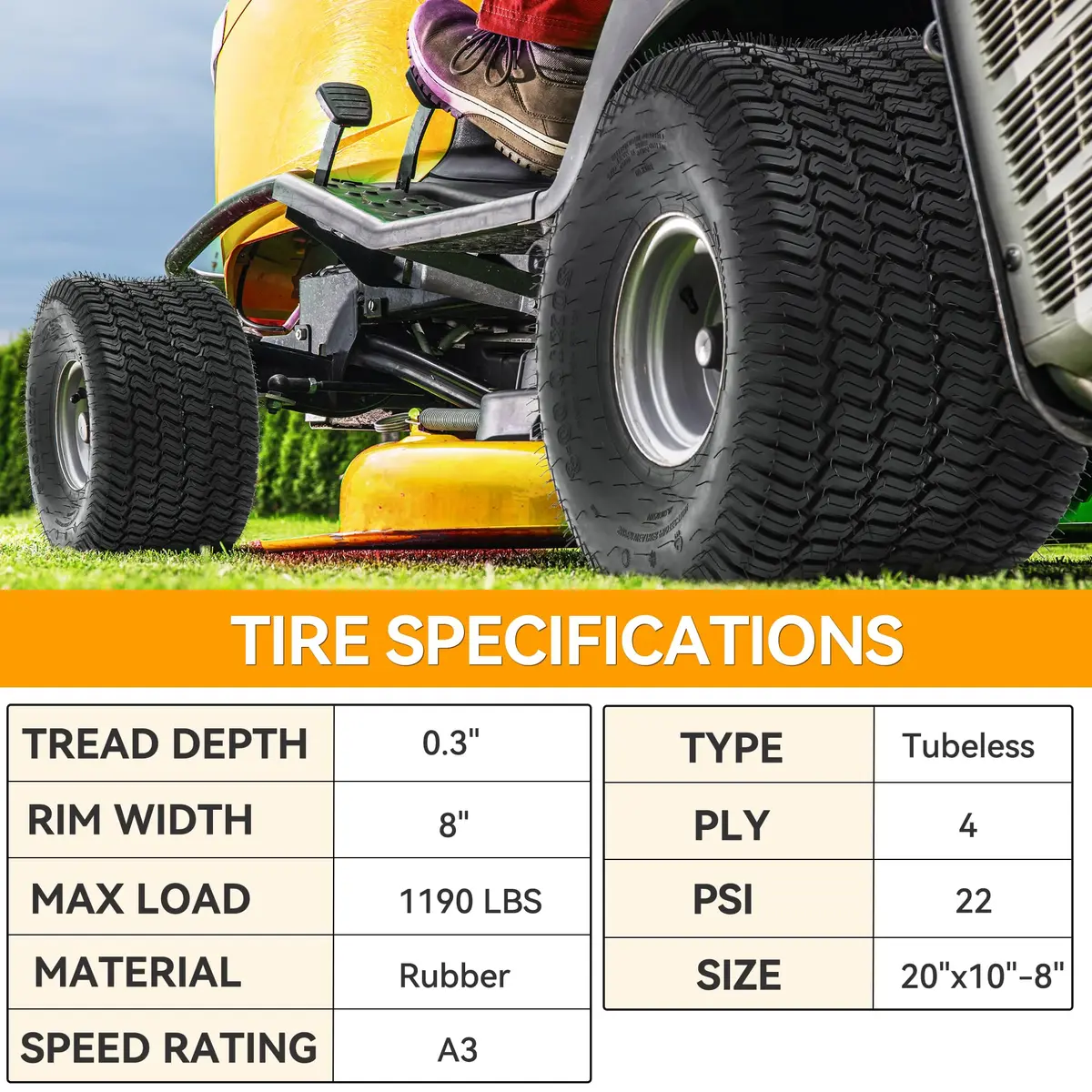 YINTATECH 20x10-8 Lawn Mower Tires, 4PR/Ply Tubeless Tractor Turf Tire - view 4