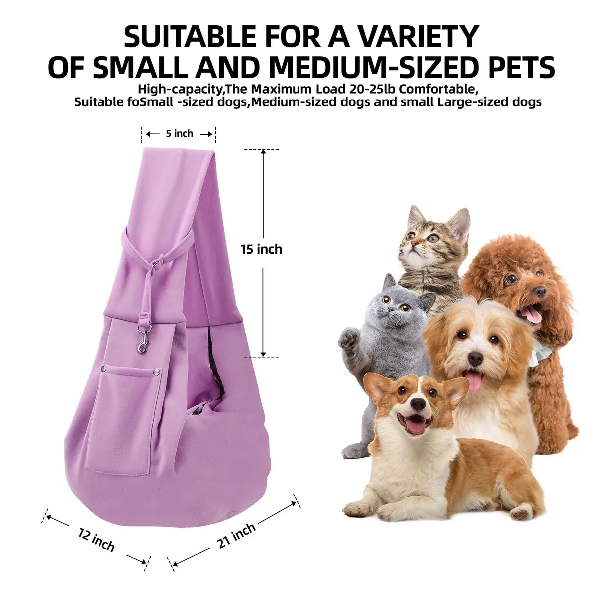 ARZQUT Dog and Cats Carrier Sling | Small Pet Carrier with Storage Pocket, Reversible, Hand-Free, 21x12 inches, Purple - view 5
