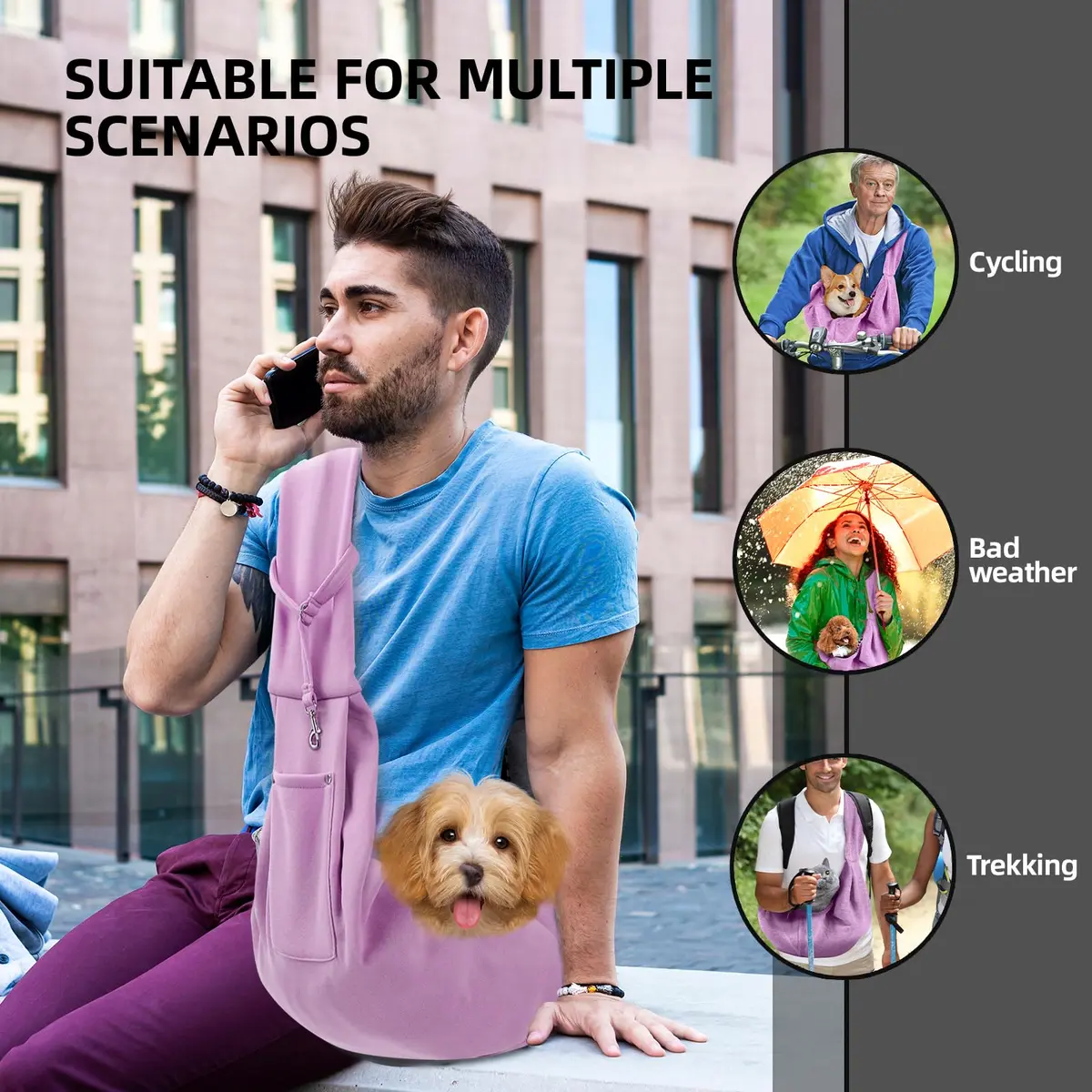 ARZQUT Dog and Cats Carrier Sling | Small Pet Carrier with Storage Pocket, Reversible, Hand-Free, 21x12 inches, Purple - view 2