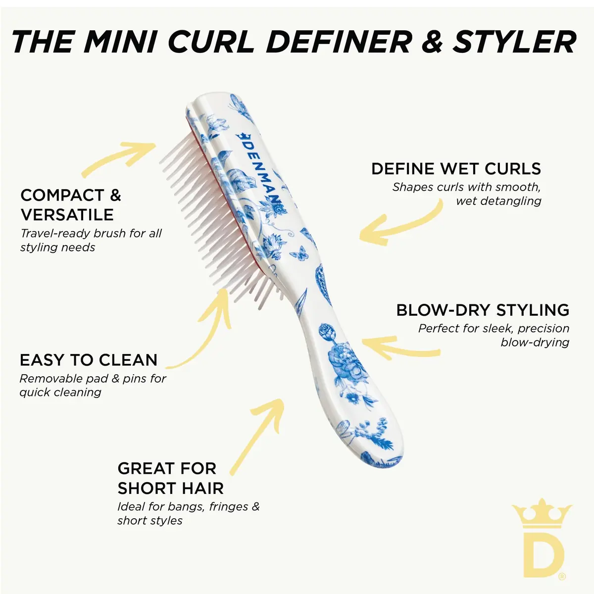Denman Mini Curl Definer & Styler 5 Row Hairbrush for Detangling, Separating, and Defining Curls, Curly Hairbrush, Sleek Blowdrying - D14 (Blue Belle) 17cm (6.7in) - view 5
