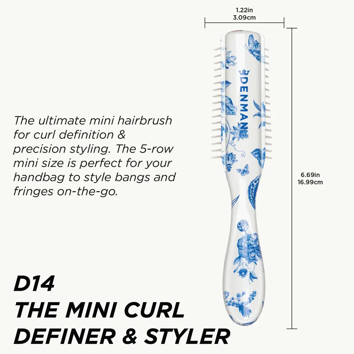 Denman Mini Curl Definer & Styler 5 Row Hairbrush for Detangling, Separating, and Defining Curls, Curly Hairbrush, Sleek Blowdrying - D14 (Blue Belle) 17cm (6.7in) - view 2