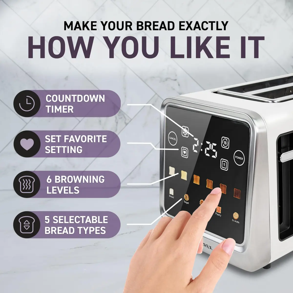 Nostalgia Inspirex Touch Screen Toaster - 2 Slice Extra-Wide Slots | 5 Bread Types & 6 Browning Levels - view 5