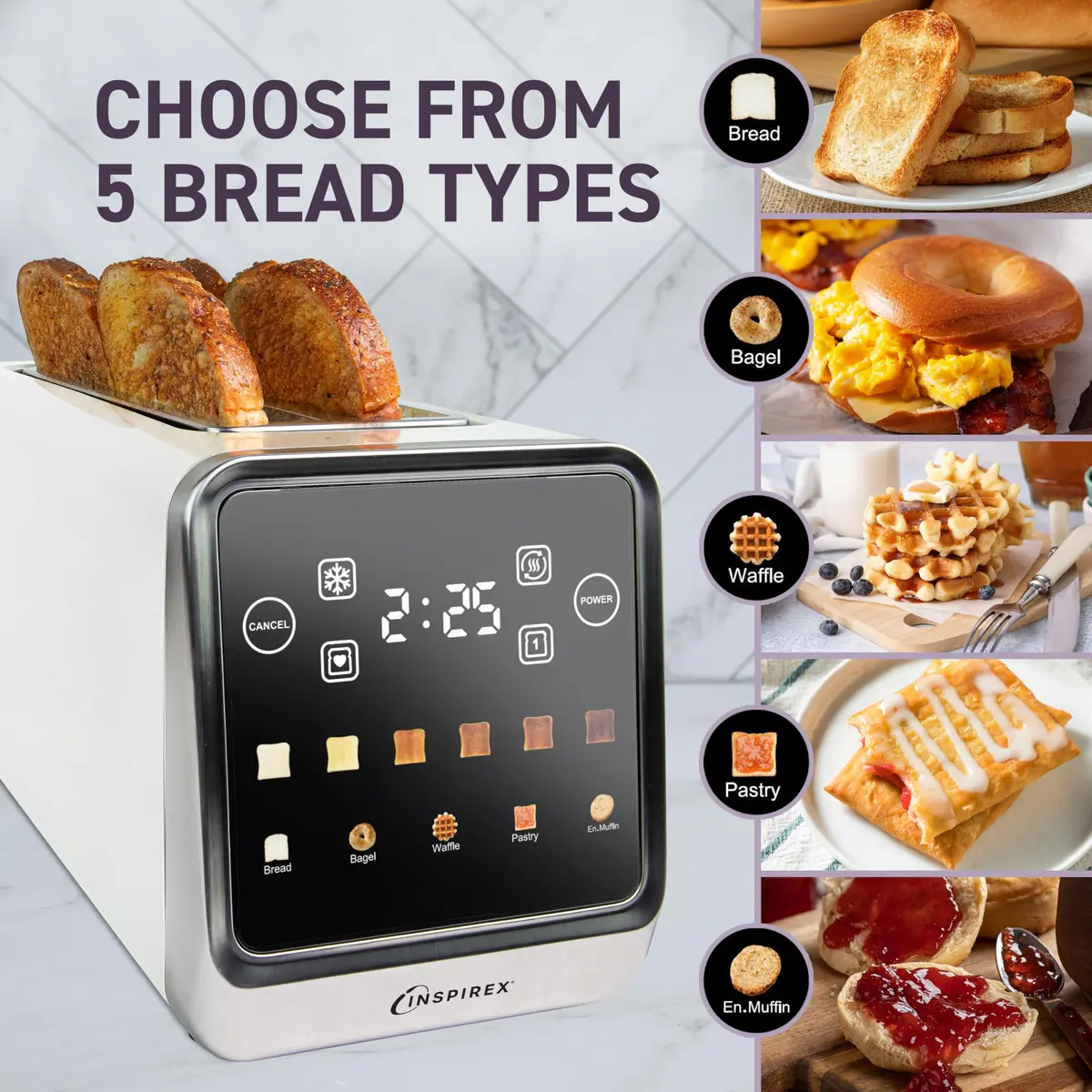 Nostalgia Inspirex Touch Screen Toaster - 2 Slice Extra-Wide Slots | 5 Bread Types & 6 Browning Levels - view 7