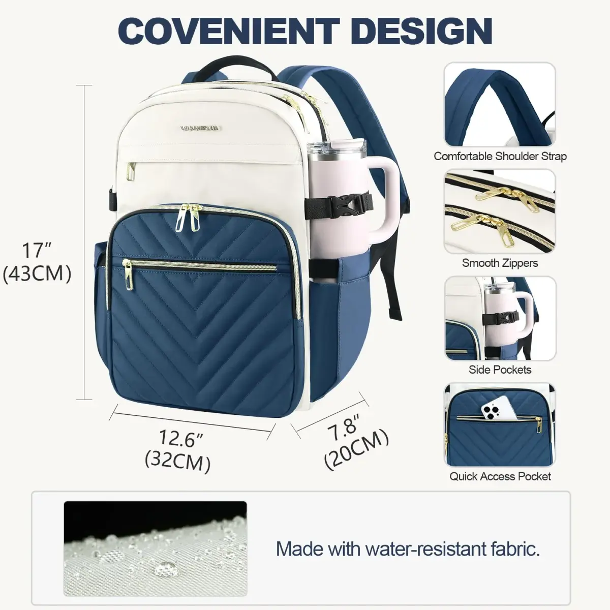 VANKEAN 15.6 Inch Laptop Backpack for Women Large Capacity 32cm (12.6in) W x 43cm (16.9in) H x 20cm (7.9in) D | Water-Resistant Travel & College Daypack - view 4