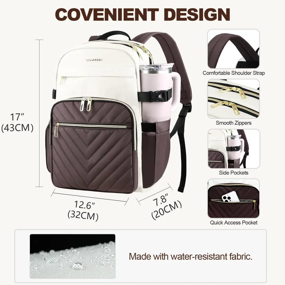 VANKEAN 15.6 Inch Laptop Backpack for Women Large Capacity Beige-coffee | Water Resistant Travel Bag - view 4