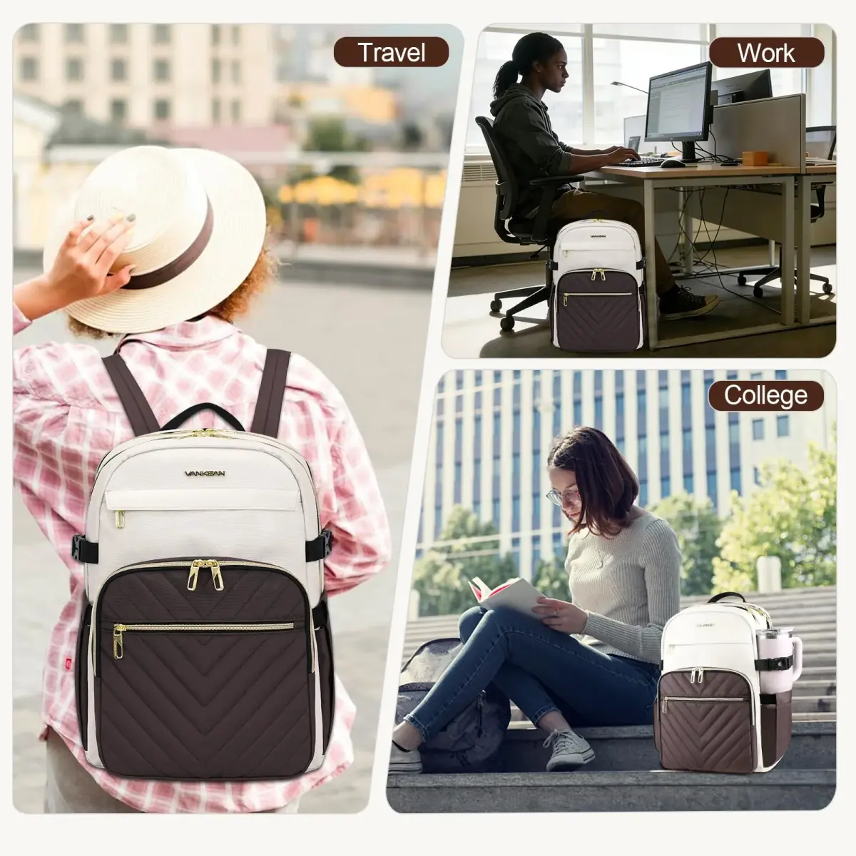 VANKEAN 15.6 Inch Laptop Backpack for Women Large Capacity Beige-coffee | Water Resistant Travel Bag - view 6