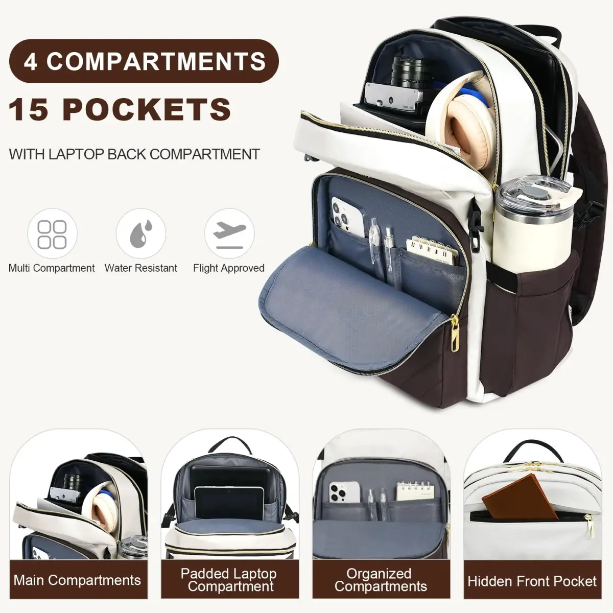 VANKEAN 15.6 Inch Laptop Backpack for Women Large Capacity Beige-coffee | Water Resistant Travel Bag - view 3