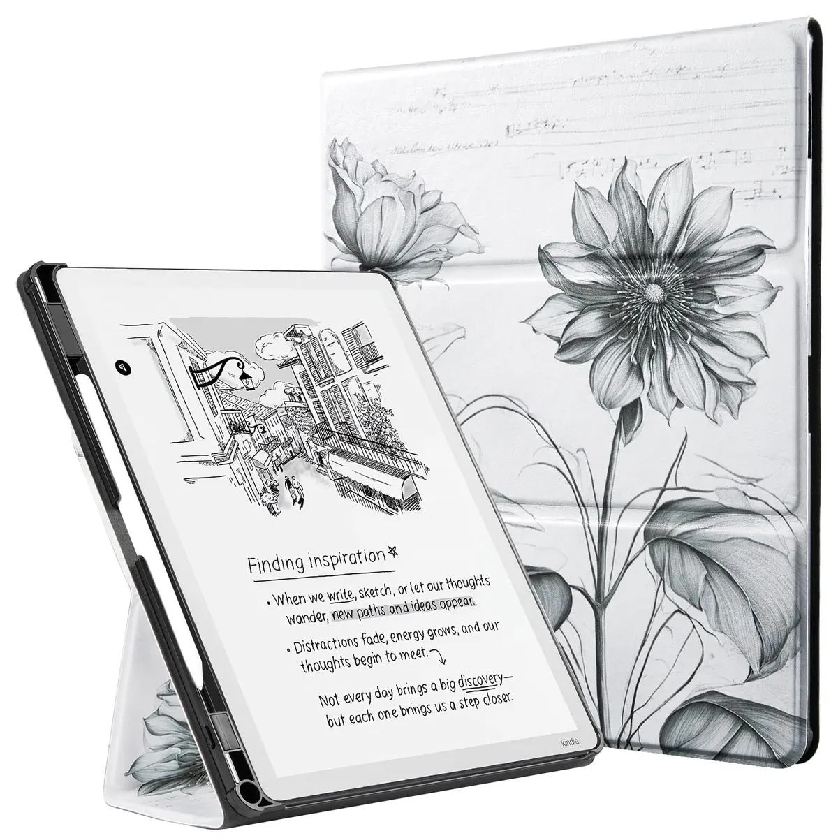 CoBak Case for 11" Kindle Scribe 3rd Gen 2025 Colorsoft | Sketch Sunflower PU Leather Folio with Pen Holder & Stand - main product image