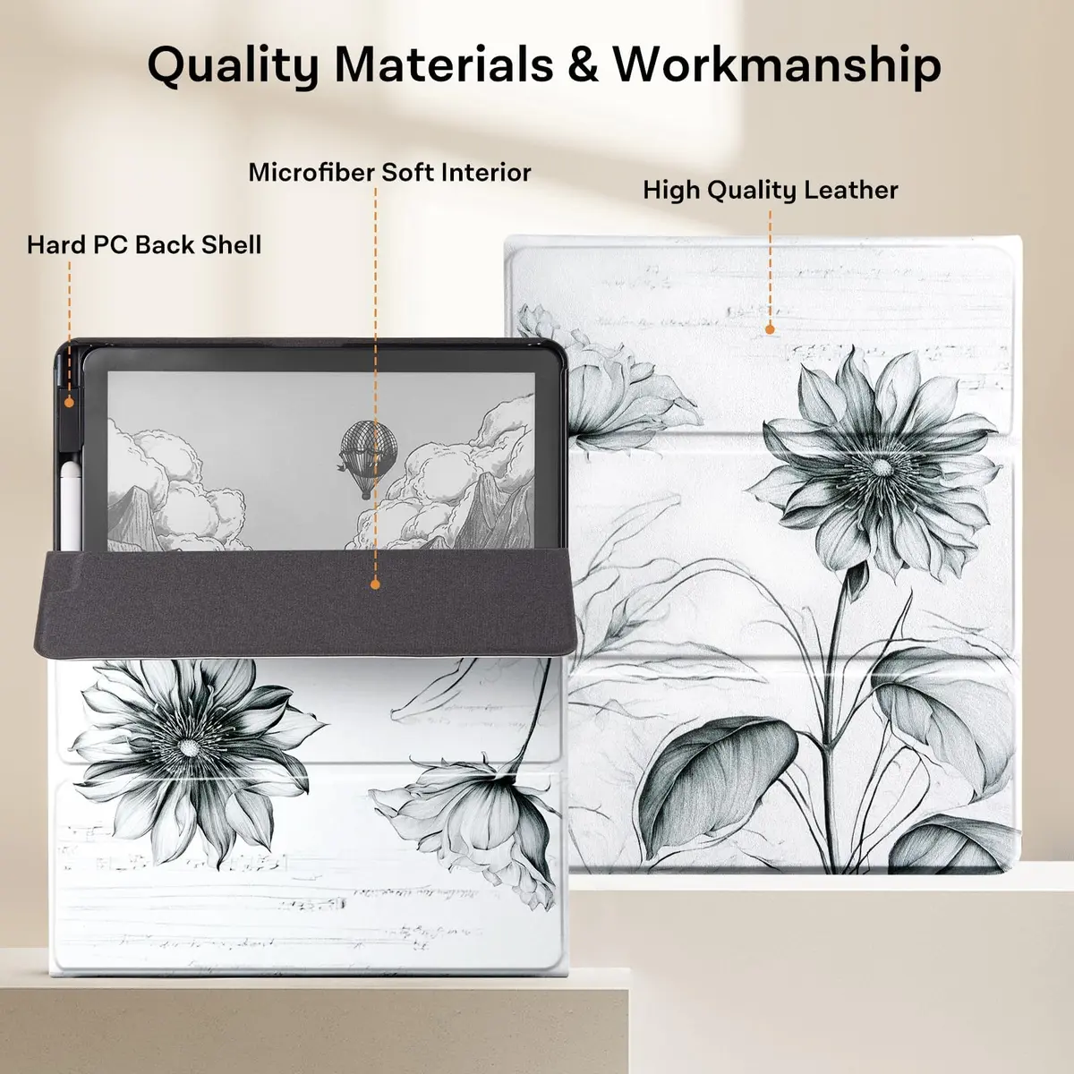 CoBak Case for 11" Kindle Scribe 3rd Gen 2025 Colorsoft | Sketch Sunflower PU Leather Folio with Pen Holder & Stand - view 5