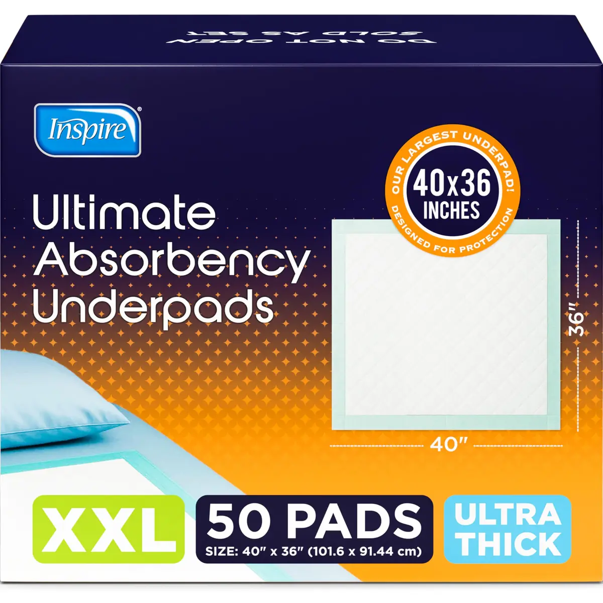 Inspire Extra Large Super Absorbent Disposable Bed Pads 40" x 36" | Leakproof, Odor Locking, Adult & Puppy Use - main product image