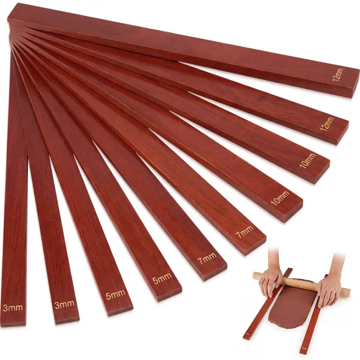 Sasylvia Reddish Brown Wood Clay Pottery Rolling Pin Guides Set (10 Pcs, 34cm / 13.4in) | 5 Thickness Sizes for Even Clay Slabs - main product image