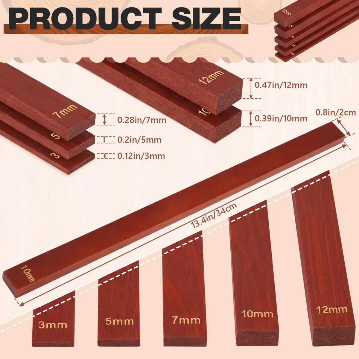Sasylvia Reddish Brown Wood Clay Pottery Rolling Pin Guides Set (10 Pcs, 34cm / 13.4in) | 5 Thickness Sizes for Even Clay Slabs - view 2