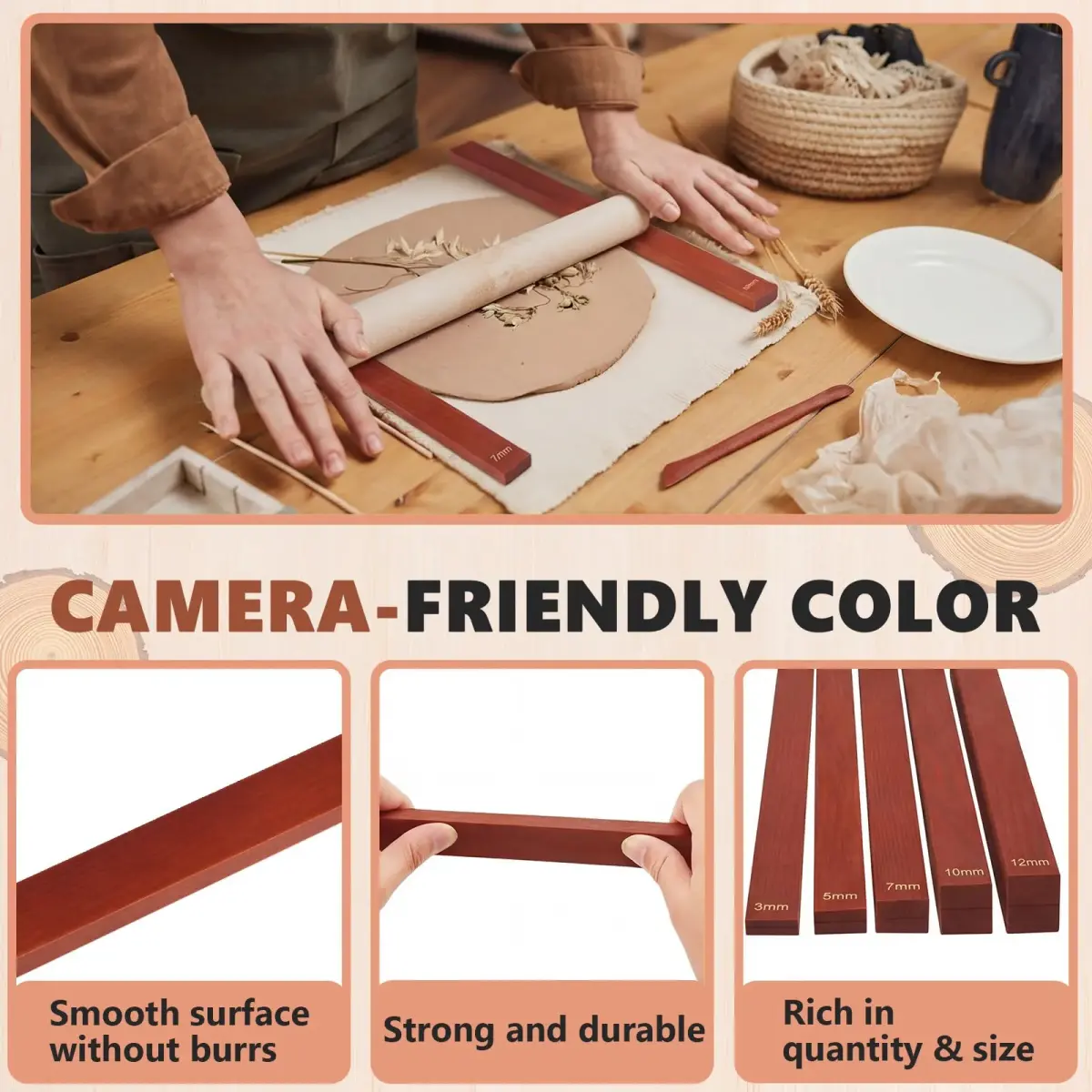 Sasylvia Reddish Brown Wood Clay Pottery Rolling Pin Guides Set (10 Pcs, 34cm / 13.4in) | 5 Thickness Sizes for Even Clay Slabs - view 3