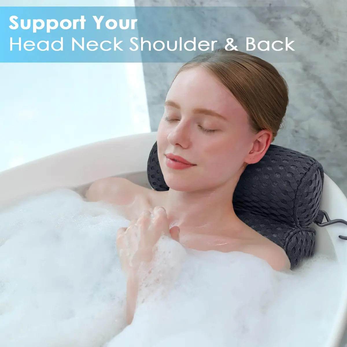AEROiVi Luxury Bath Pillow for Tub | Soft Mesh Head and Neck Support with 6 Suction Cups, Black - view 2