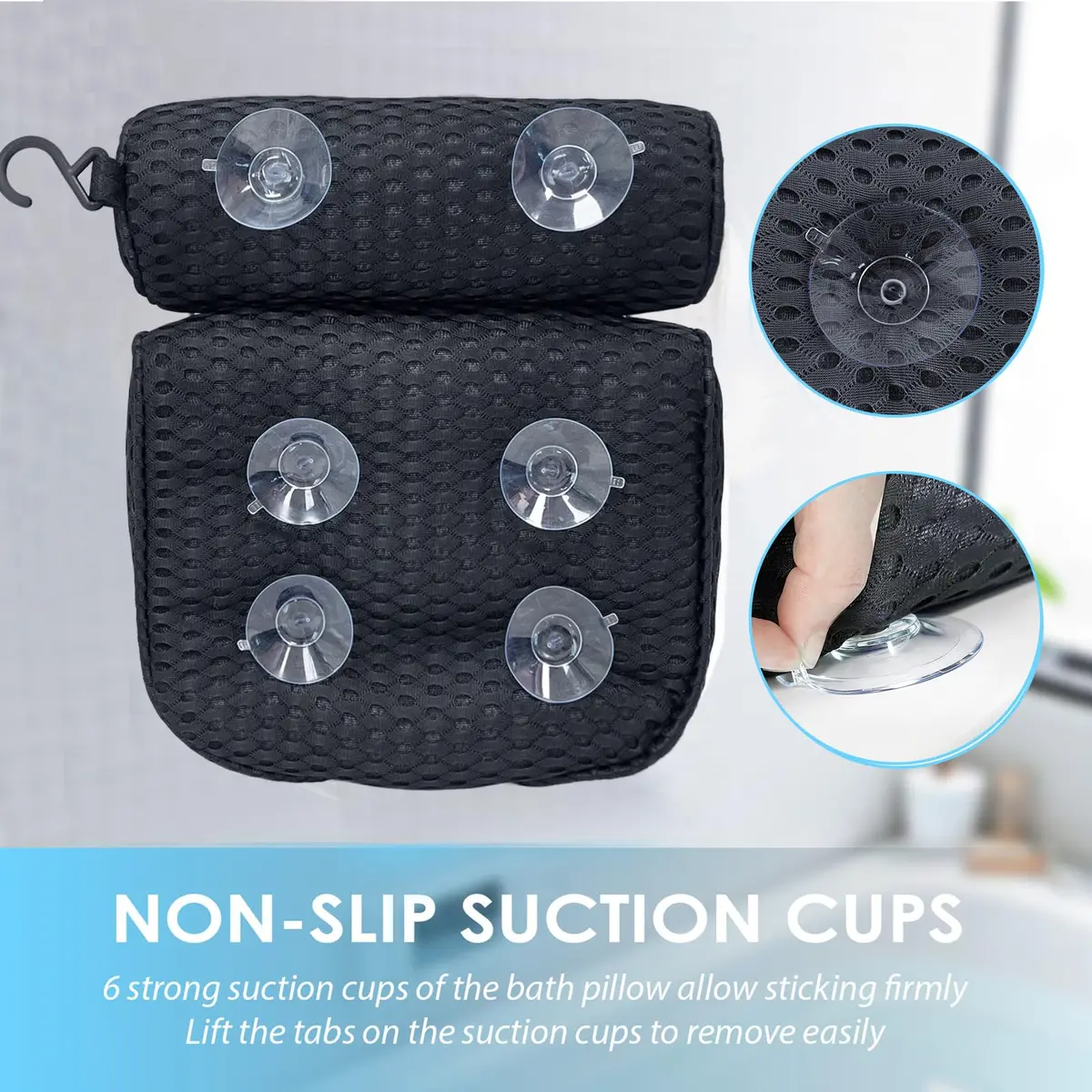 AEROiVi Luxury Bath Pillow for Tub | Soft Mesh Head and Neck Support with 6 Suction Cups, Black - view 3