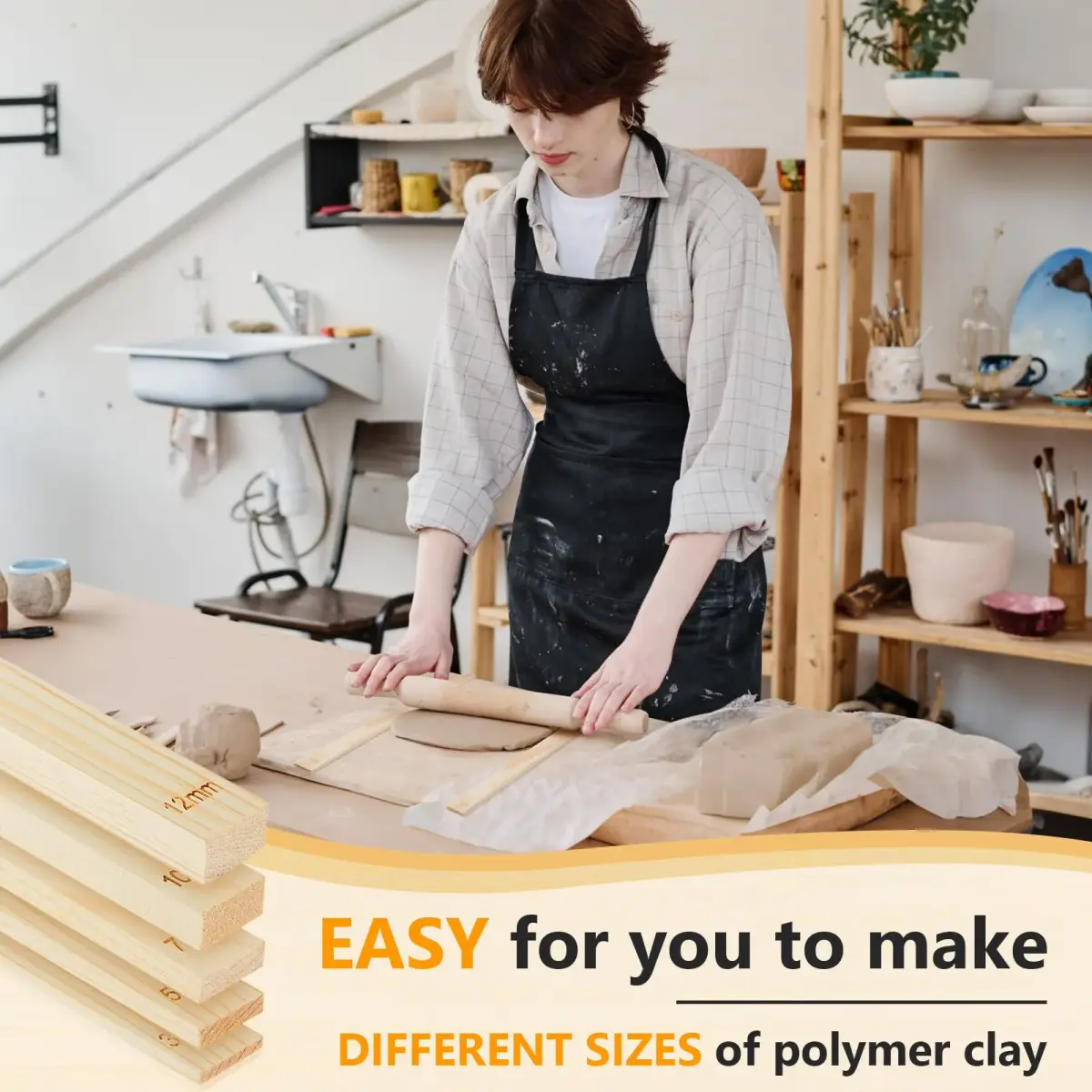 Sasylvia 10 Pcs Wood Clay Pottery Rolling Pin Guides Set, 5 Sizes (42.5mm Total Length) | For Even Clay Thickness - view 7