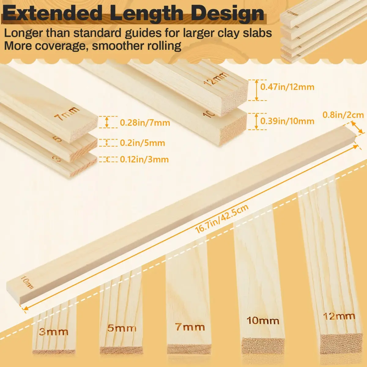 Sasylvia 10 Pcs Wood Clay Pottery Rolling Pin Guides Set, 5 Sizes (42.5mm Total Length) | For Even Clay Thickness - view 2