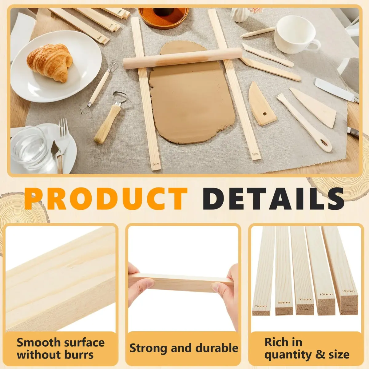 Sasylvia 10 Pcs Wood Clay Pottery Rolling Pin Guides Set, 5 Sizes (42.5mm Total Length) | For Even Clay Thickness - view 3