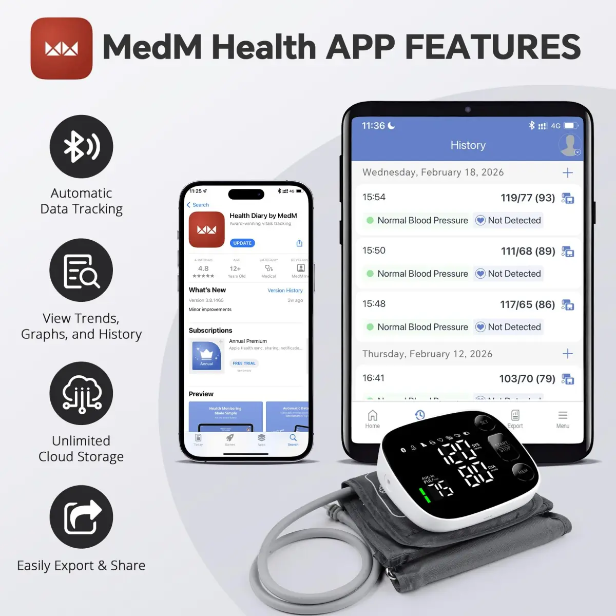 Oklar Bluetooth Blood Pressure Monitor 8.7"-16.5" | App Sync, Dual User, Large LED Display - view 4