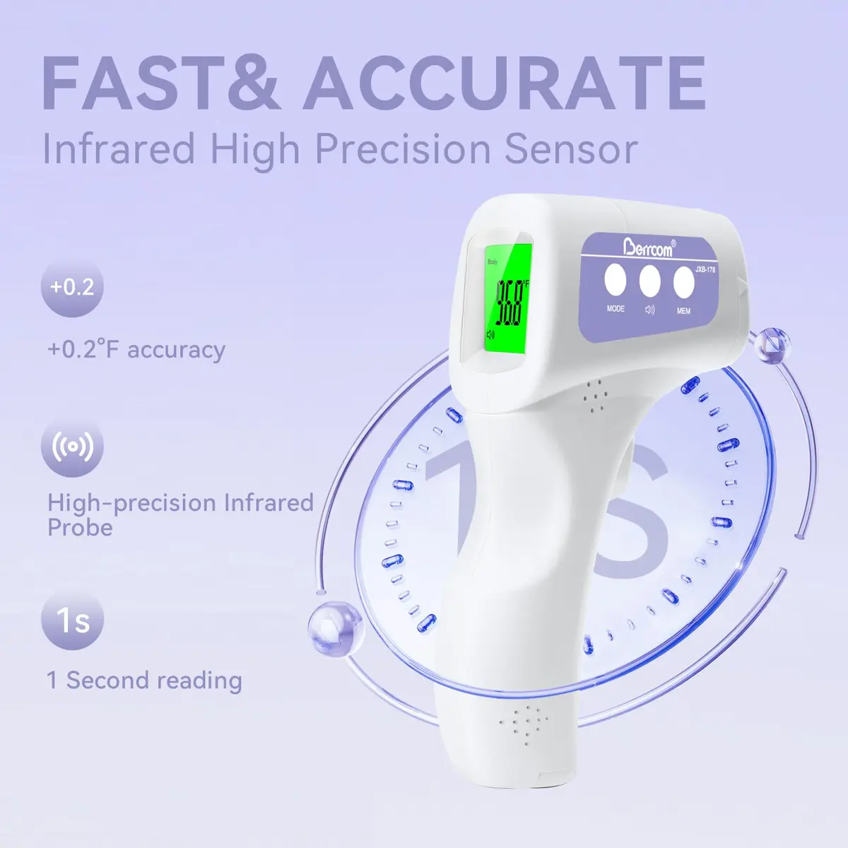 Berrcom 3-in-1 Non-Contact Infrared Forehead Thermometer, Purple | Fast Accurate Reading for All Ages - view 5