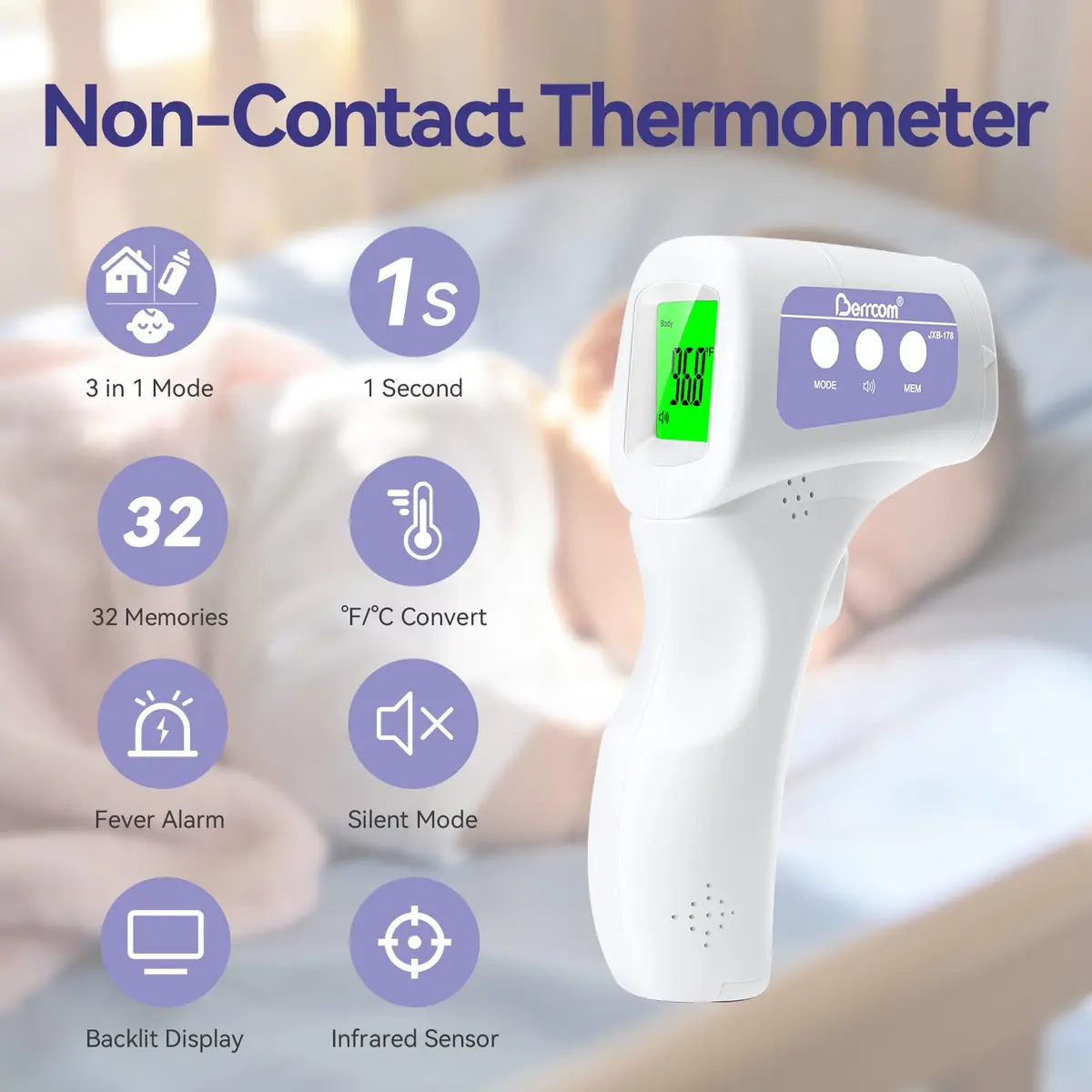 Berrcom 3-in-1 Non-Contact Infrared Forehead Thermometer, Purple | Fast Accurate Reading for All Ages - view 2