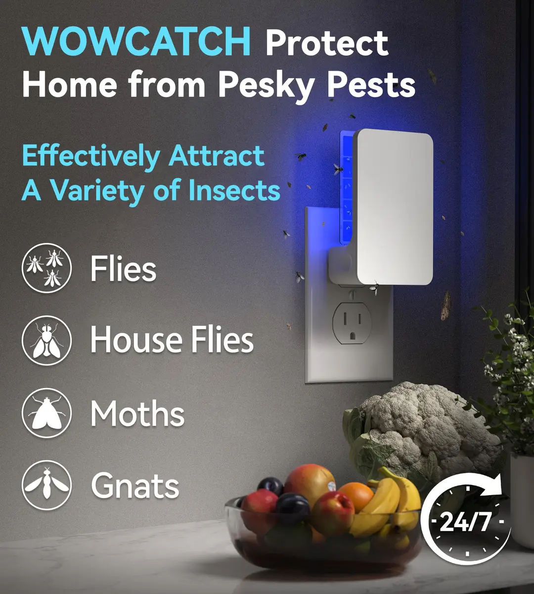 WowCatch Advanced Double-Sided Indoor Fly Trap for Home, Plug-in 5-Way UV Light | 2 Devices + 8 Refills - view 3