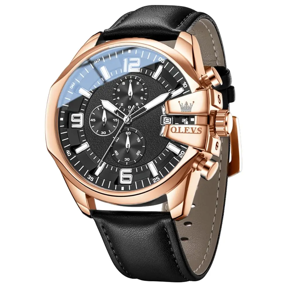 OLEVS Men's Automatic Watch Big Face 50mm (1.97in) Rose Gold Black | Precision Chronograph with Leather Strap - main product image
