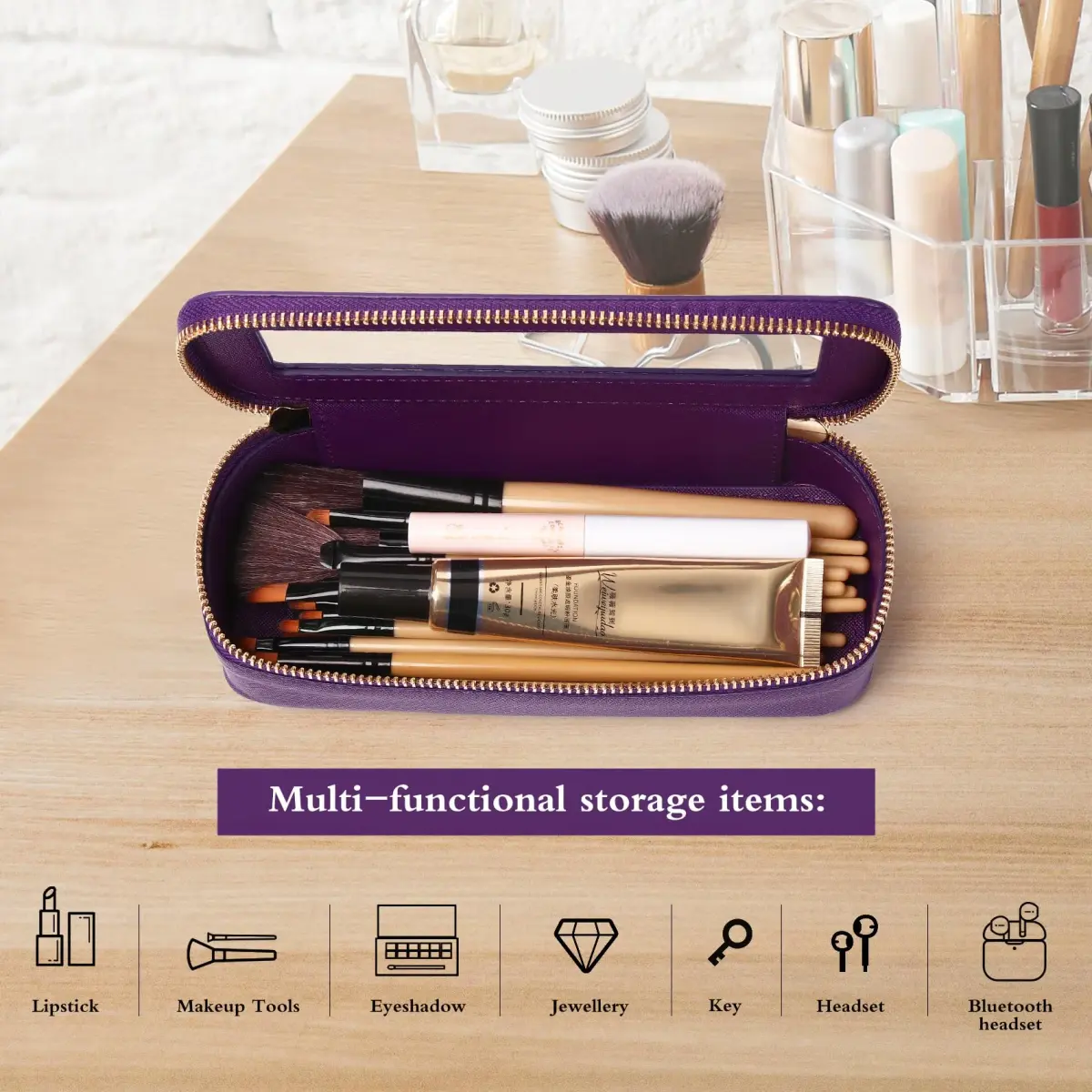 Pinkmik Slim Makeup Brush Case Purple with Clear Window | 7.9" x 3" x 2.2" - view 5