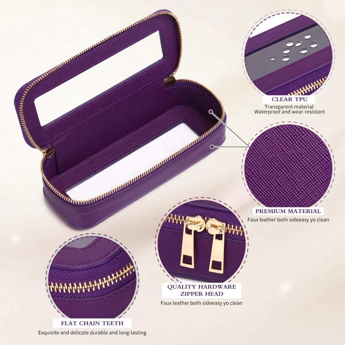 Pinkmik Slim Makeup Brush Case Purple with Clear Window | 7.9" x 3" x 2.2" - view 6