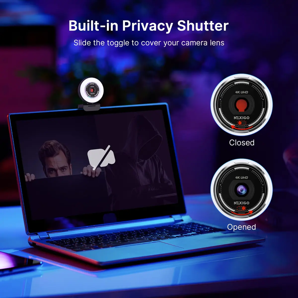 NexiGo N680E Pro 4K Webcam with Ring Light, PDAF Autofocus, 1080p 60FPS, Dual Noise-Canceling Mics, Privacy Shutter, USB Plug-and-Play - view 7