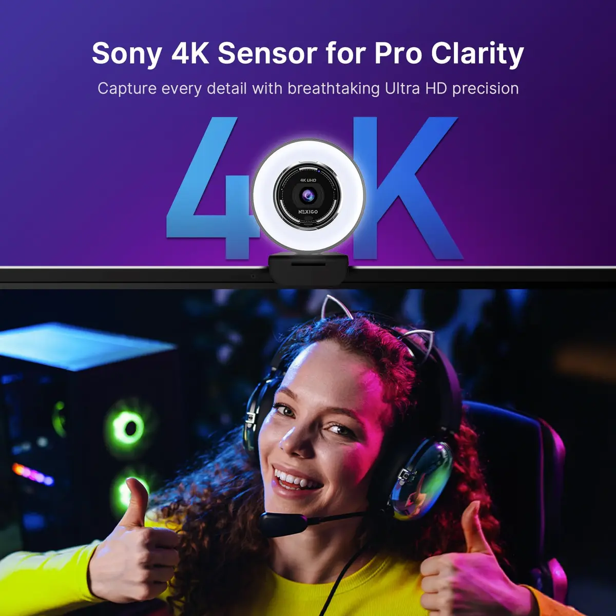 NexiGo N680E Pro 4K Webcam with Ring Light, PDAF Autofocus, 1080p 60FPS, Dual Noise-Canceling Mics, Privacy Shutter, USB Plug-and-Play - view 2