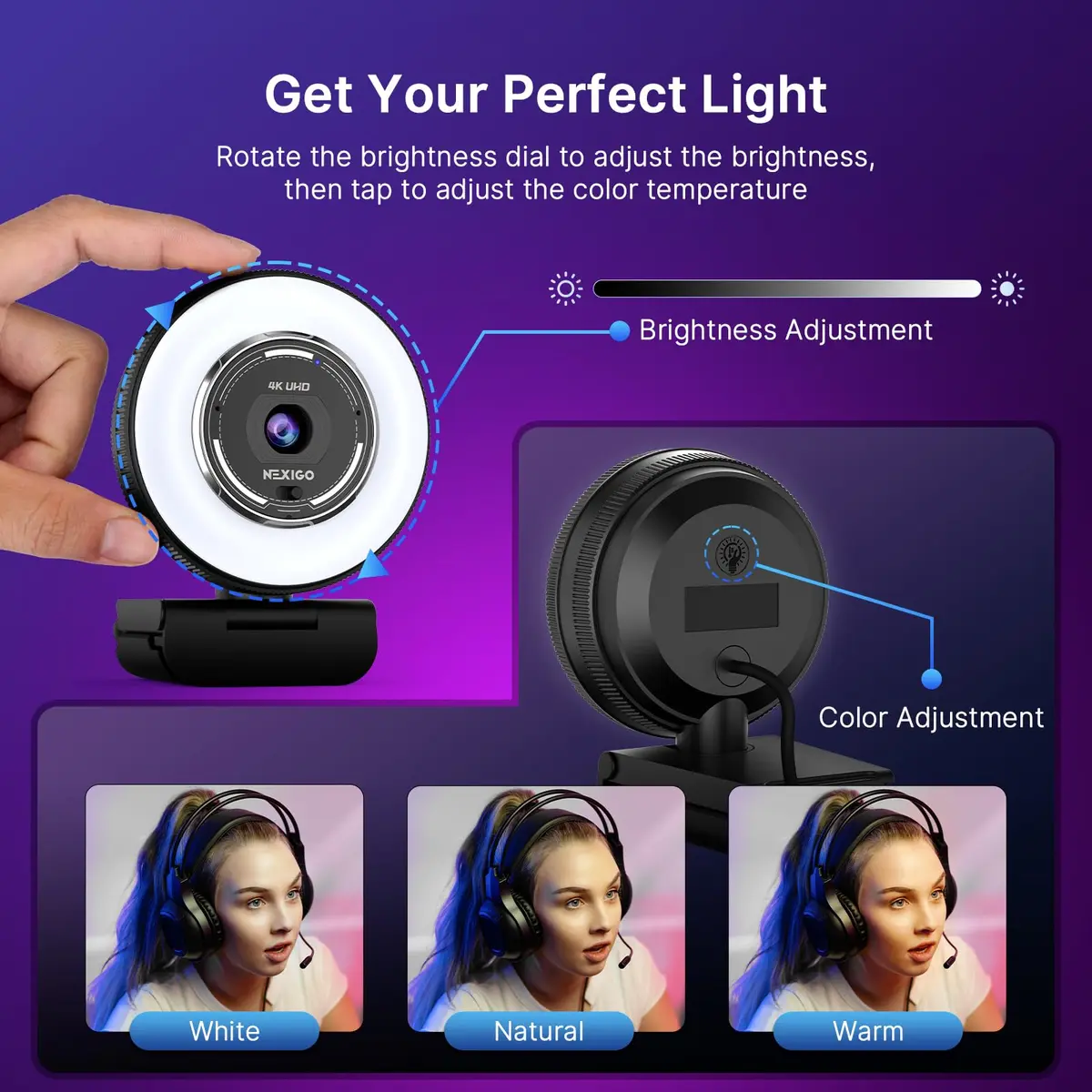 NexiGo N680E Pro 4K Webcam with Ring Light, PDAF Autofocus, 1080p 60FPS, Dual Noise-Canceling Mics, Privacy Shutter, USB Plug-and-Play - view 4