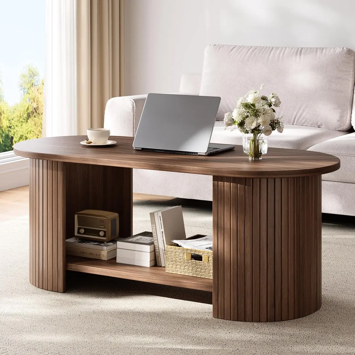 OneBlis 42" Oval Fluted Coffee Table | 2-Tier Storage, Walnut, Modern Design - main product image