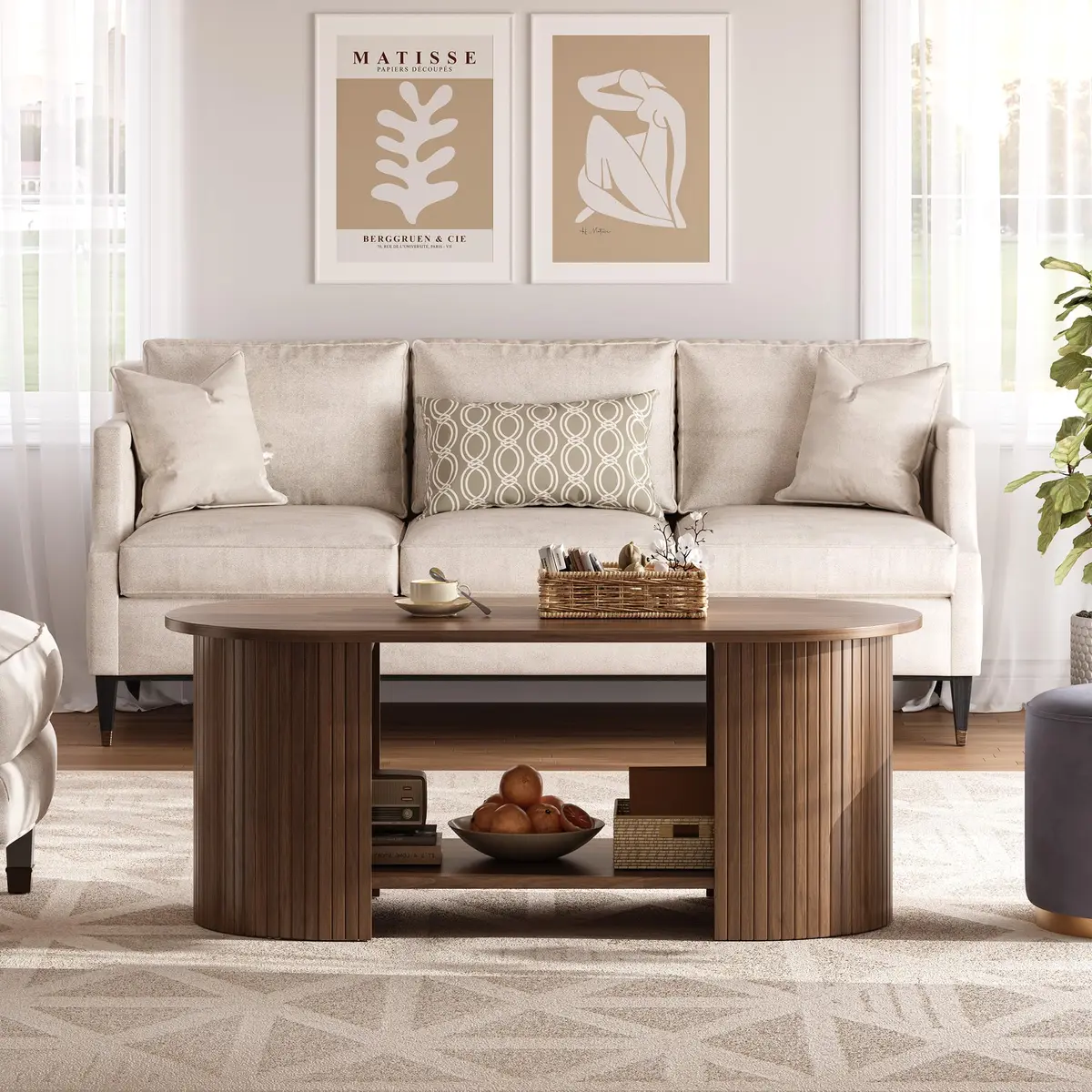 OneBlis 42" Oval Fluted Coffee Table | 2-Tier Storage, Walnut, Modern Design - view 5