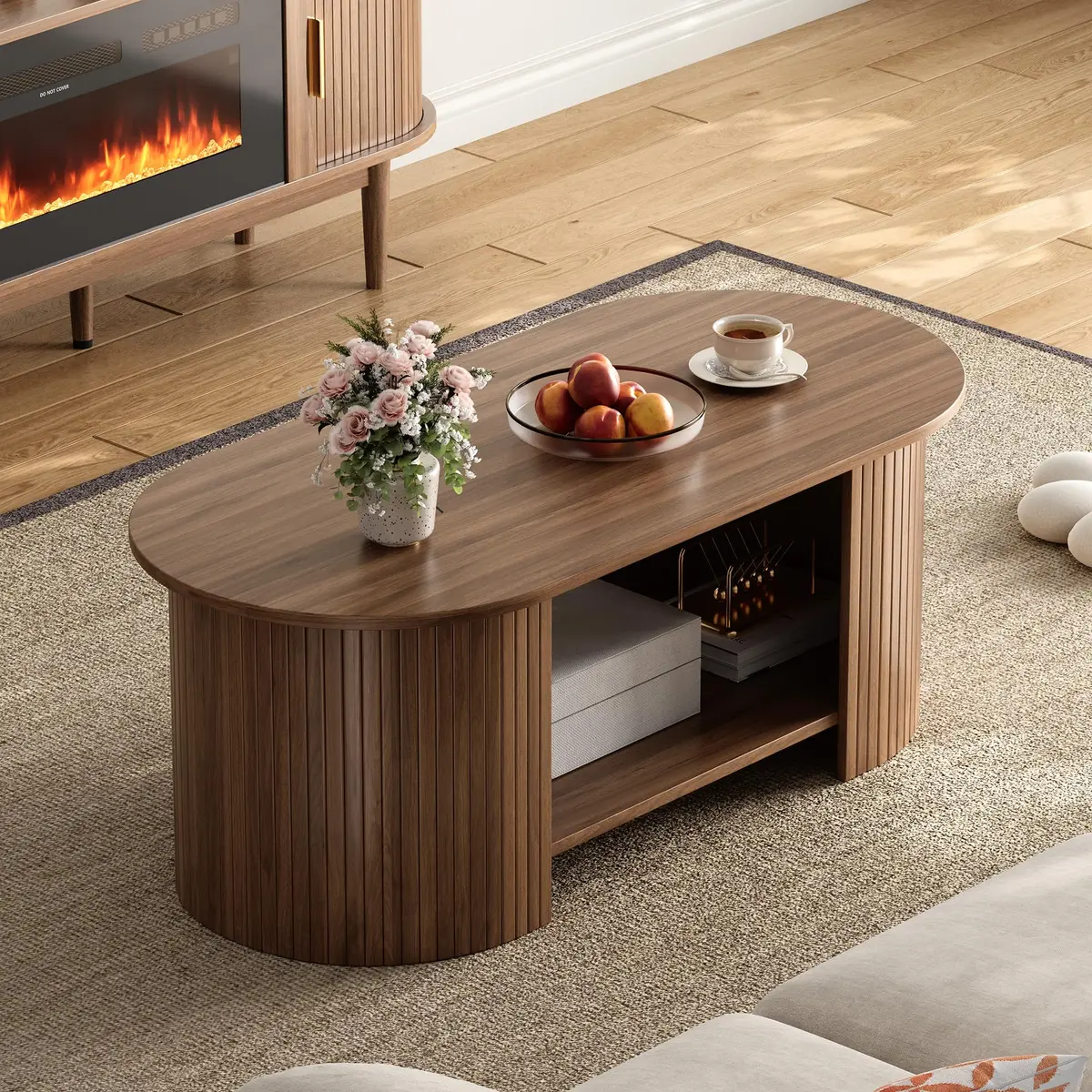 OneBlis 42" Oval Fluted Coffee Table | 2-Tier Storage, Walnut, Modern Design - view 6