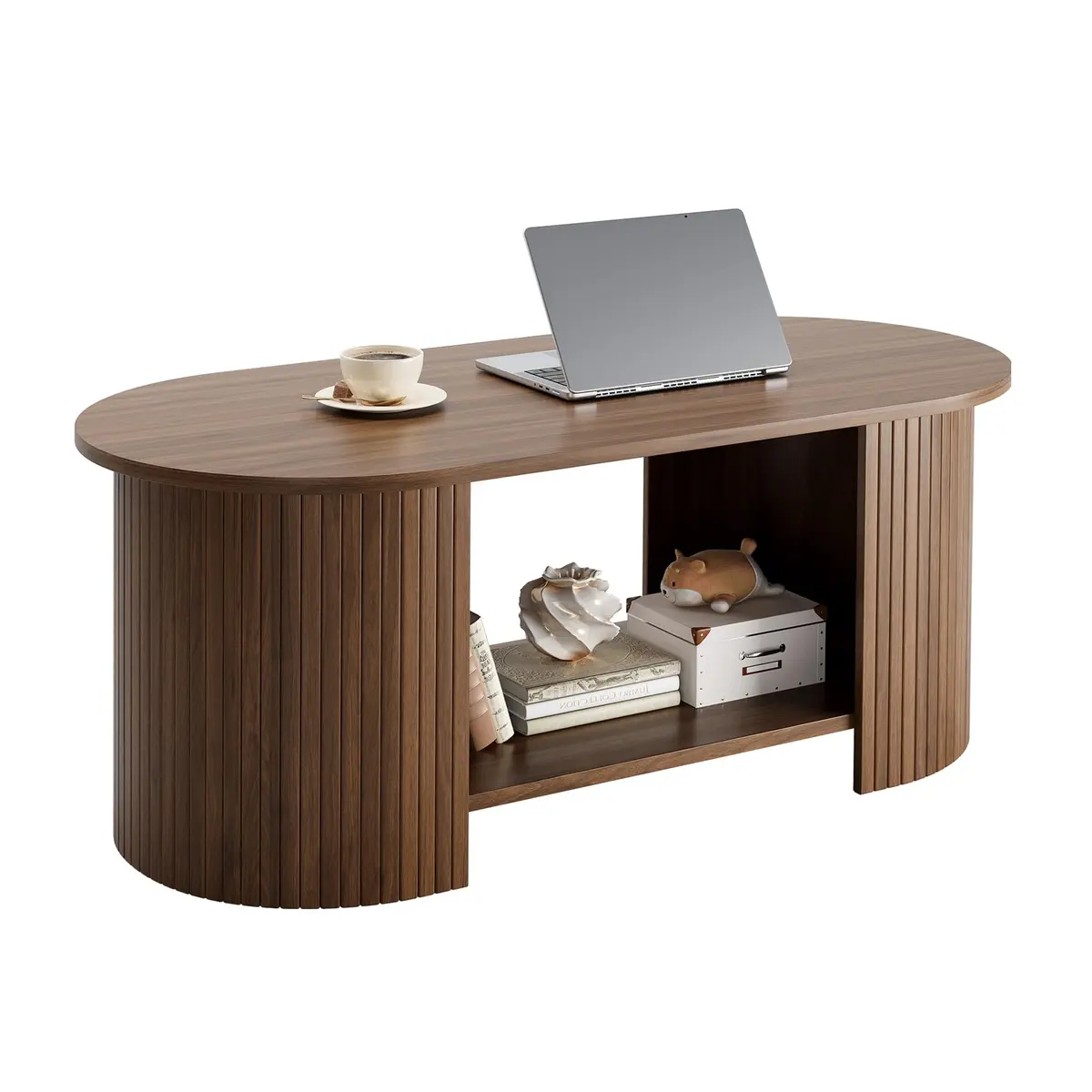 OneBlis 42" Oval Fluted Coffee Table | 2-Tier Storage, Walnut, Modern Design - view 7