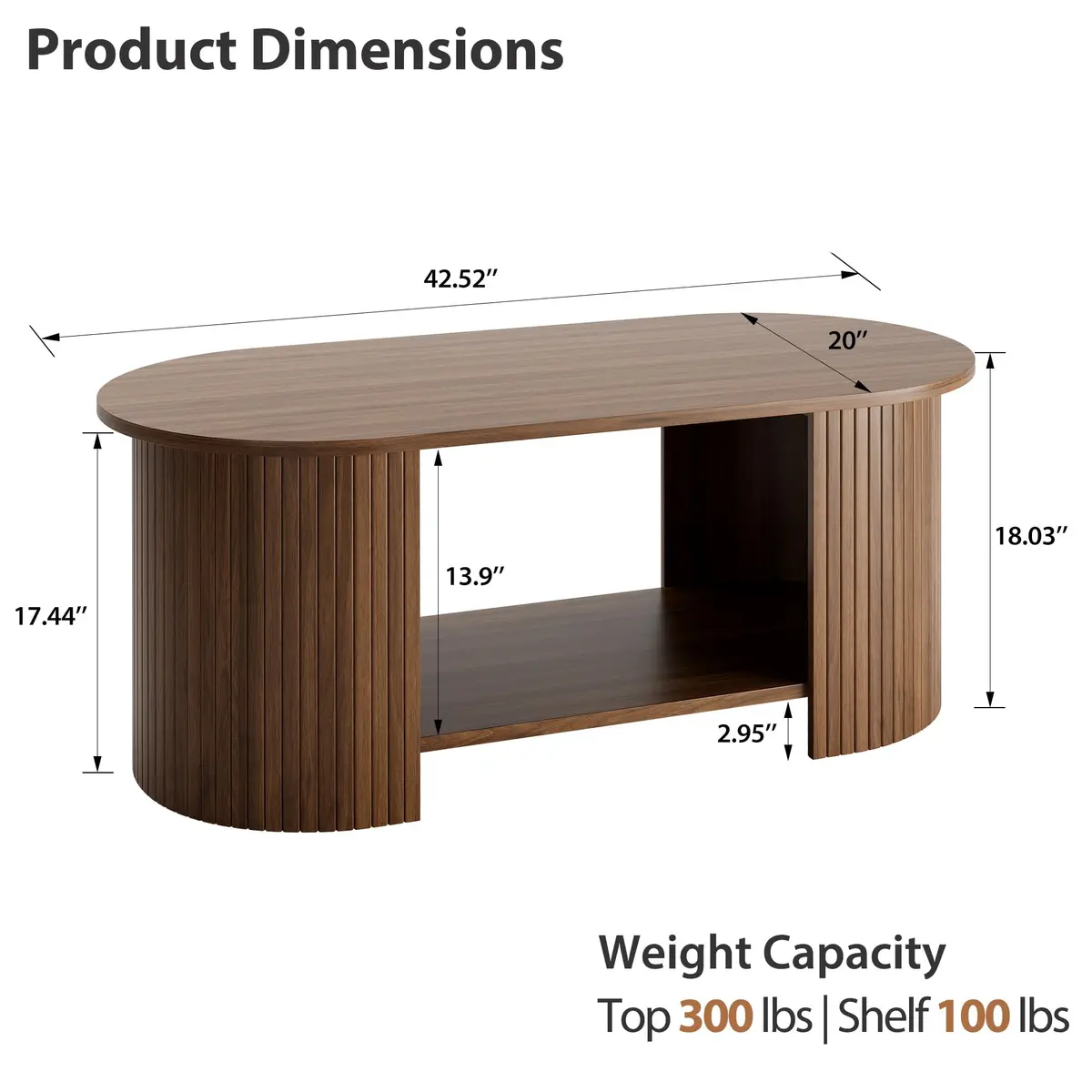 OneBlis 42" Oval Fluted Coffee Table | 2-Tier Storage, Walnut, Modern Design - view 2