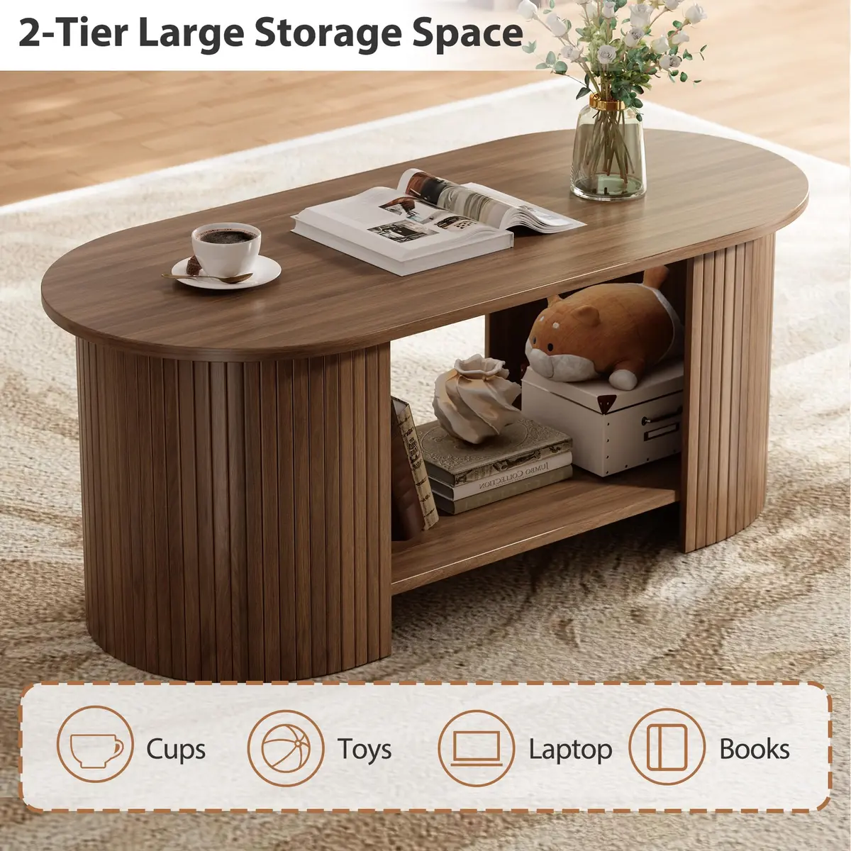 OneBlis 42" Oval Fluted Coffee Table | 2-Tier Storage, Walnut, Modern Design - view 3