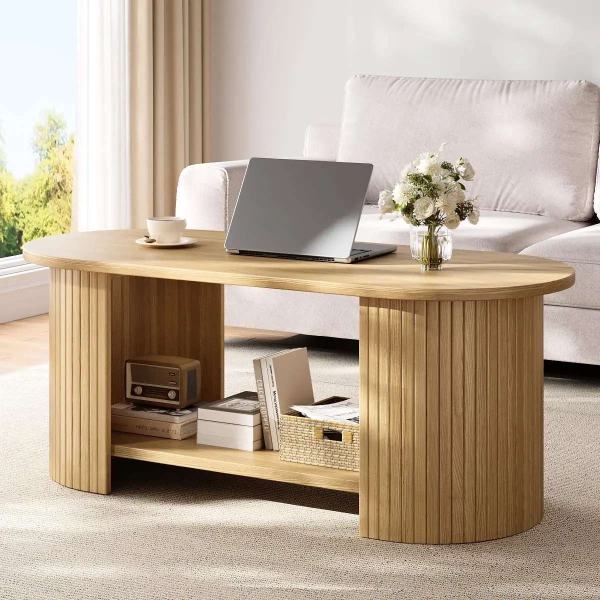 OneBlis 42" Oval Fluted Coffee Table | 2-Tier Storage, Modern Oak Finish - main product image