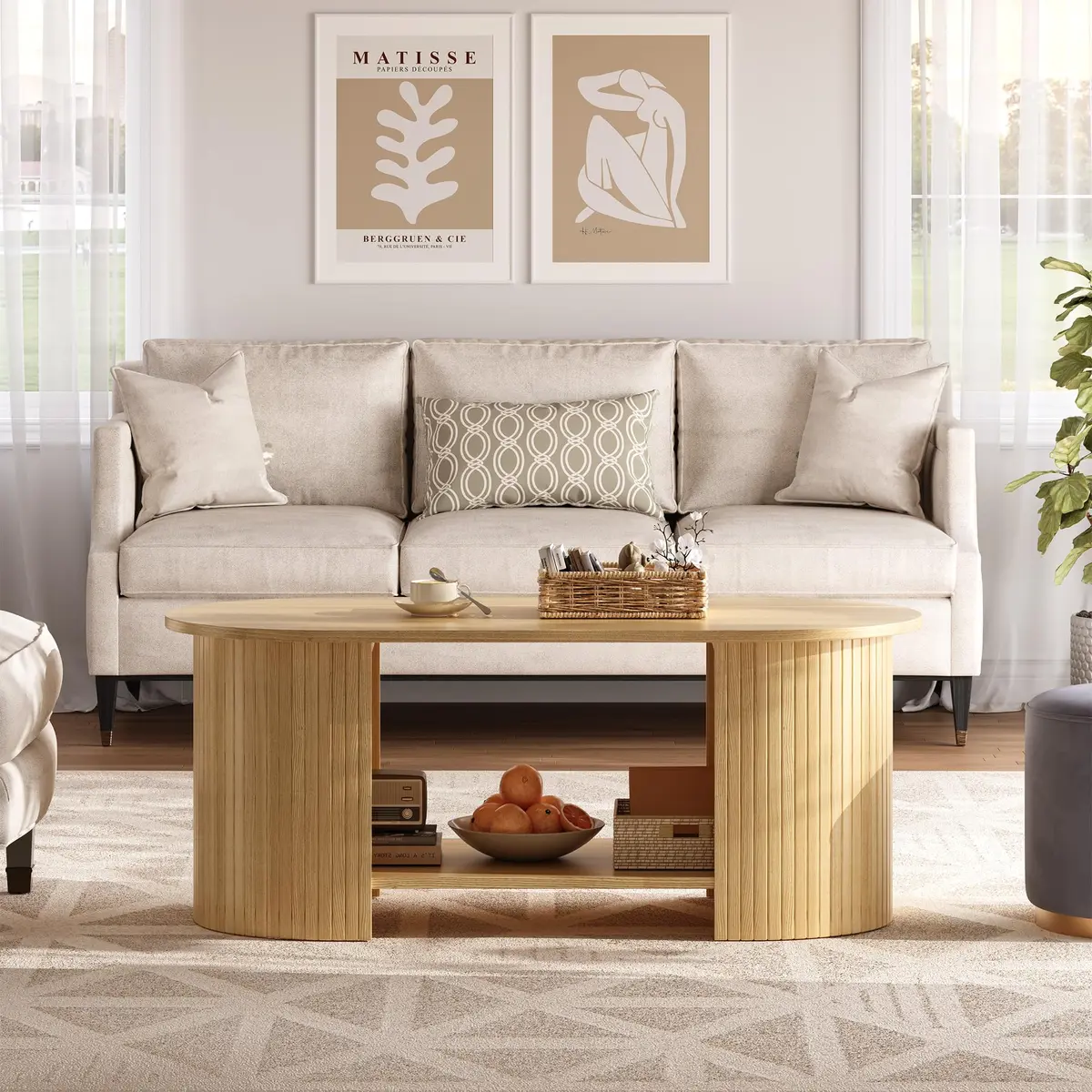 OneBlis 42" Oval Fluted Coffee Table | 2-Tier Storage, Modern Oak Finish - view 5