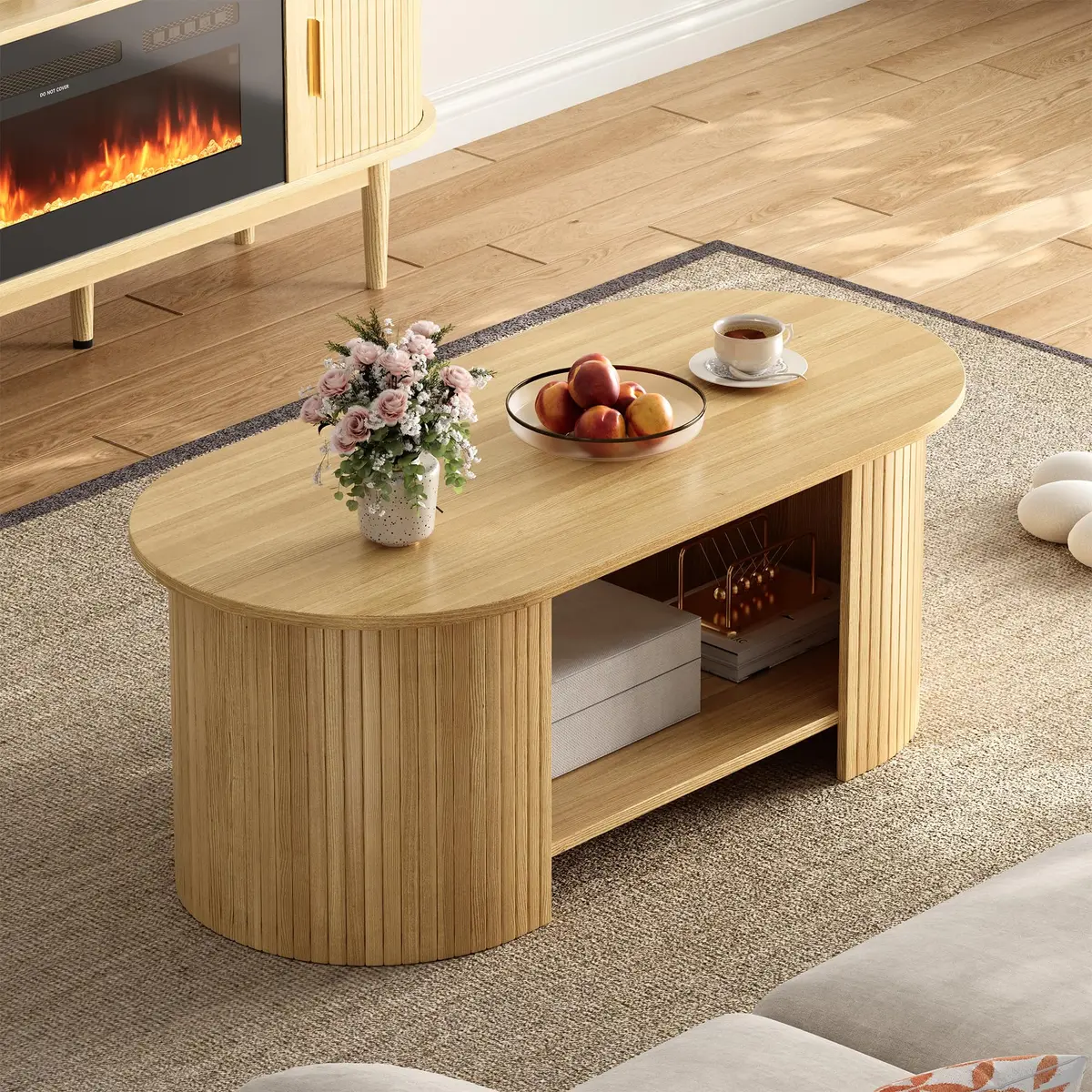 OneBlis 42" Oval Fluted Coffee Table | 2-Tier Storage, Modern Oak Finish - view 6