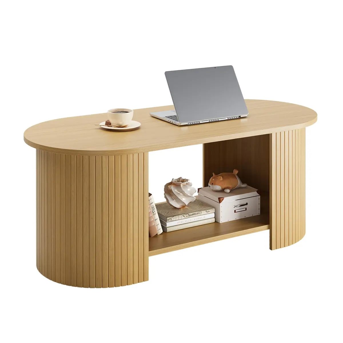 OneBlis 42" Oval Fluted Coffee Table | 2-Tier Storage, Modern Oak Finish - view 7