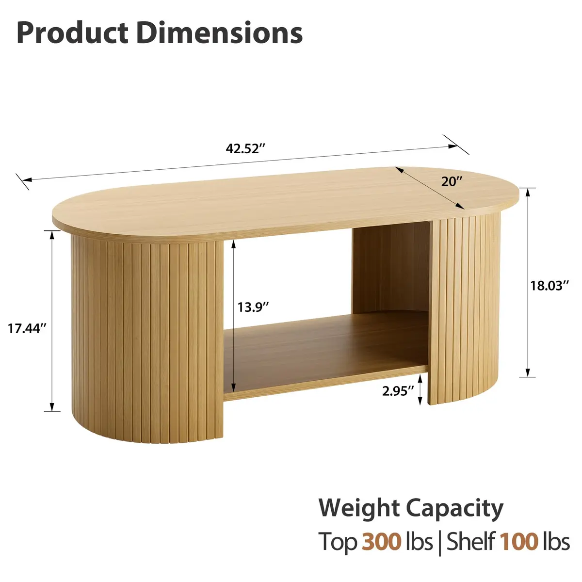 OneBlis 42" Oval Fluted Coffee Table | 2-Tier Storage, Modern Oak Finish - view 2