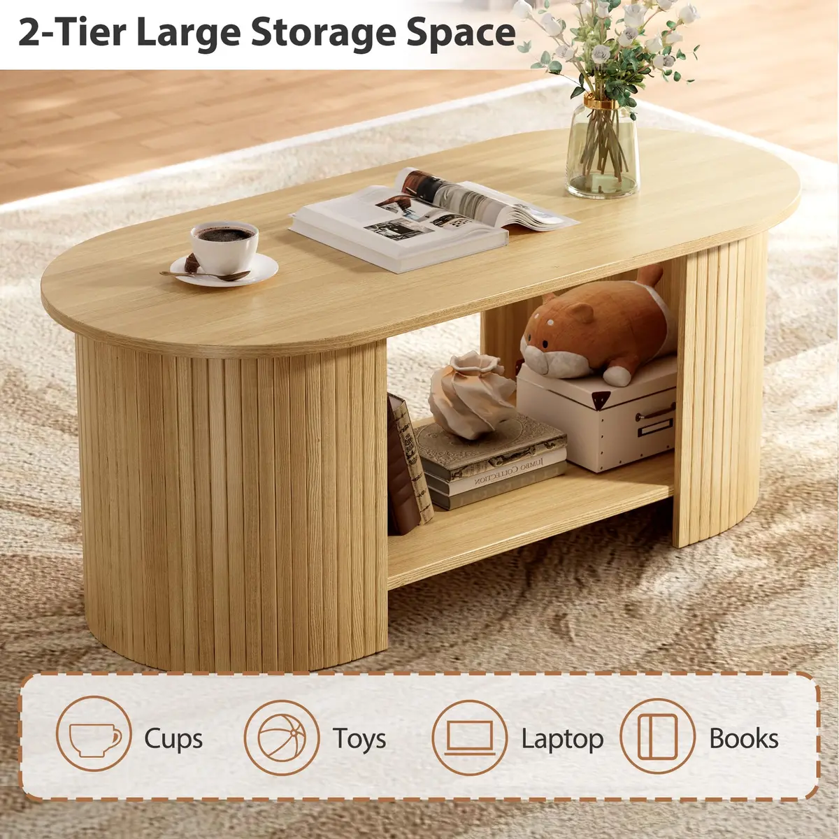 OneBlis 42" Oval Fluted Coffee Table | 2-Tier Storage, Modern Oak Finish - view 3