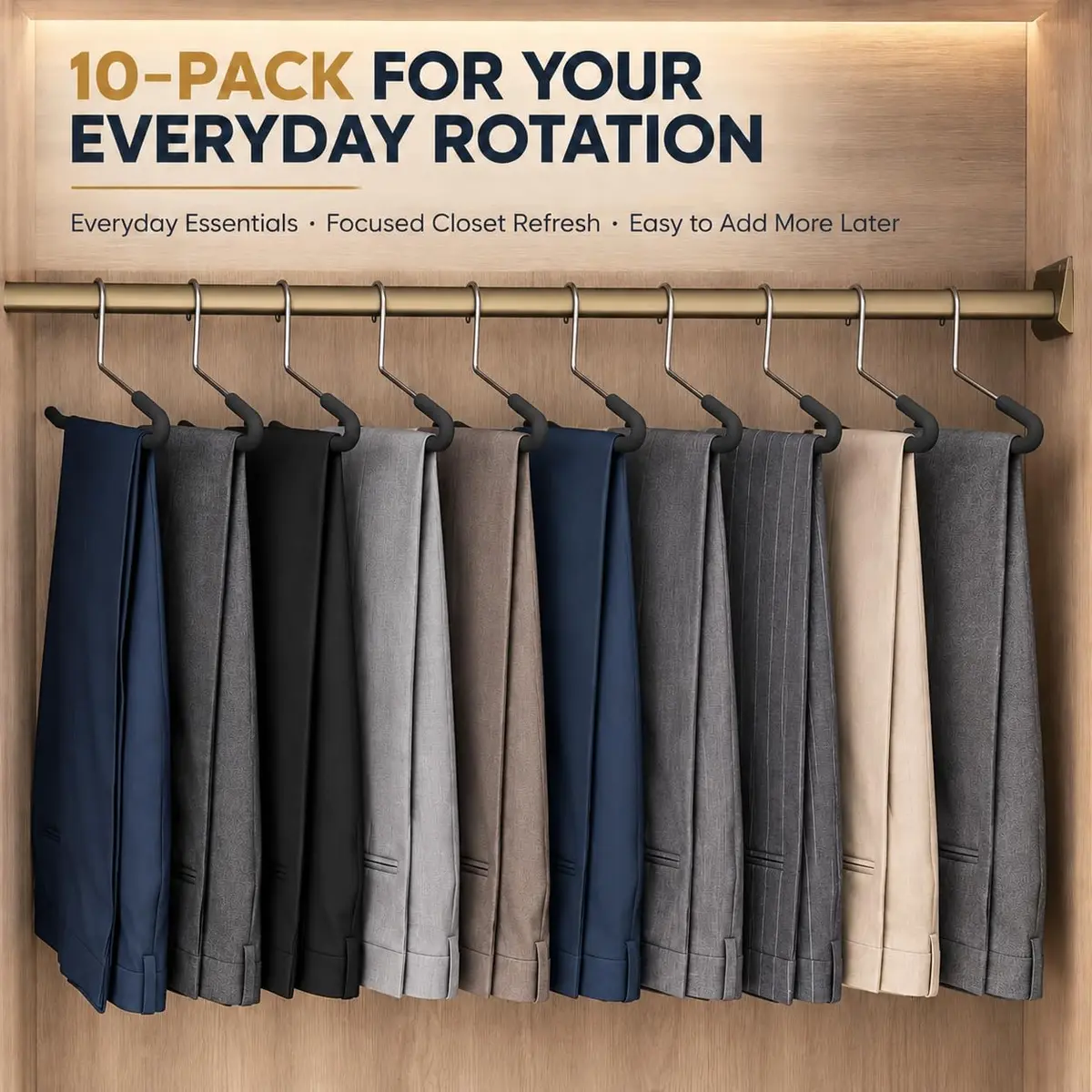 Huji Reversed Hook Heavy Duty Metal Pants Hangers 15.5" | Extra Long, Non-Slip, Wrinkle-Free (Reversed Hook, Set of 10) - view 2