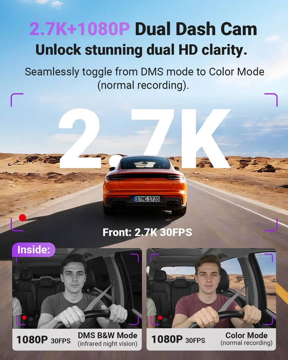 VANTRUE S1 Pro-2CH DMS 2.7K Dash Camera | STARVIS 2 Night Vision, ADAS, WiFi & GPS, 18M Warranty - view 3