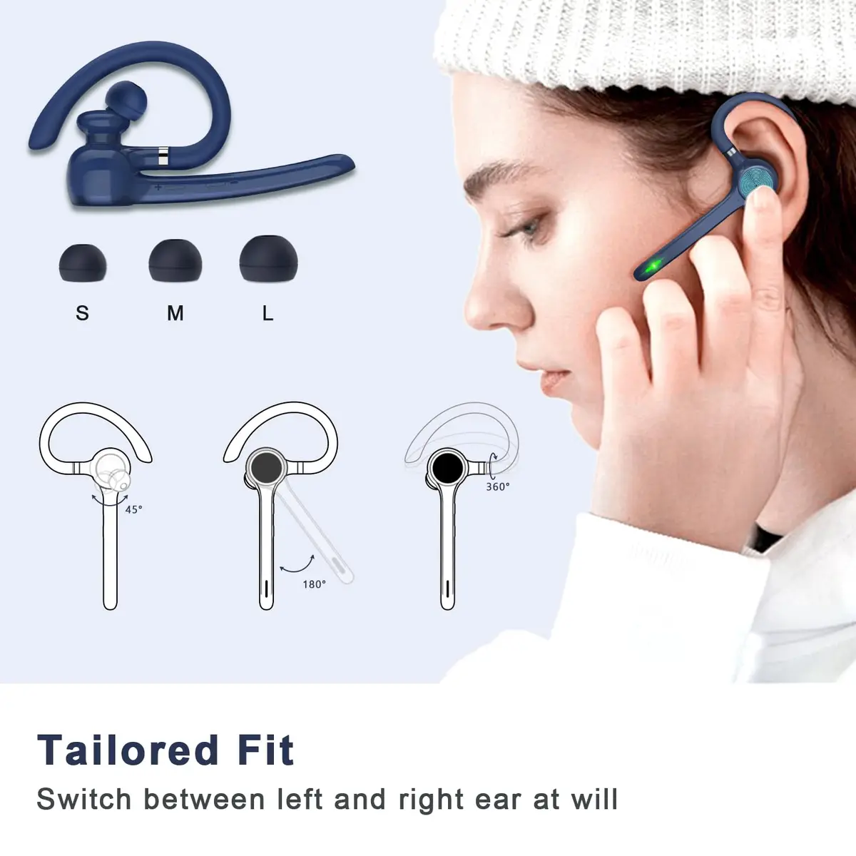 HEIBAS Bluetooth Headset Wireless Earpiece with Mic for Work | 18-23H Talk Time, 10m Range, Dual Connection - view 5