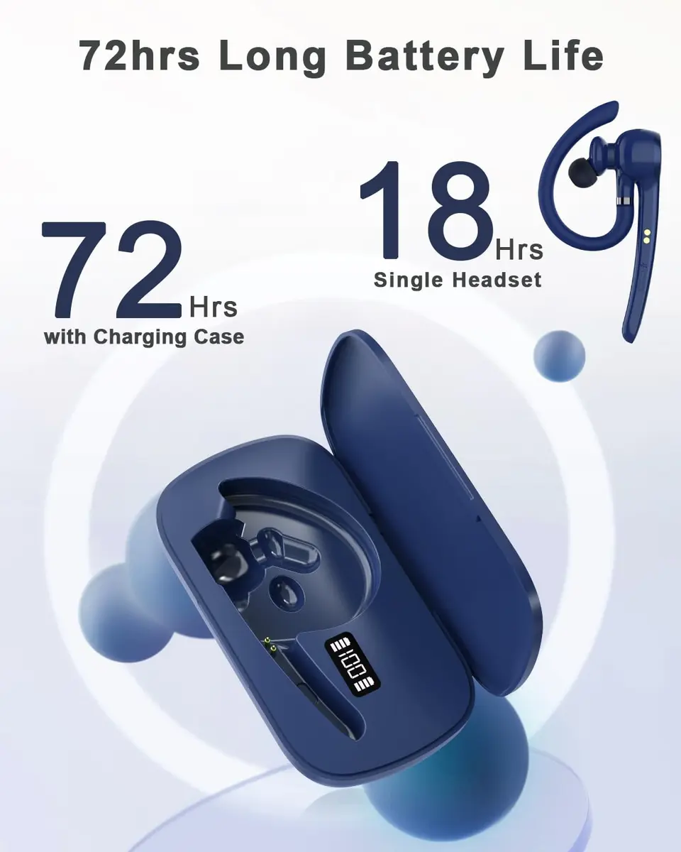 HEIBAS Bluetooth Headset Wireless Earpiece with Mic for Work | 18-23H Talk Time, 10m Range, Dual Connection - view 2
